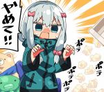  bangs blue_eyes blue_jacket blush bow commentary eromanga_sensei eyebrows_visible_through_hair hair_between_eyes hair_bow hands_up izumi_sagiri jacket kanikama long_hair long_sleeves lowres nose_blush open_mouth pink_bow silver_hair solo stuffed_animal stuffed_octopus stuffed_toy sweat teddy_bear track_jacket translated trash_can used_tissue v-shaped_eyebrows wide_sleeves 
