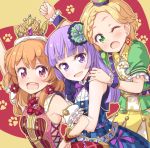  :d aikatsu! aikatsu!_(series) bangs blonde_hair blunt_bangs braid brown_hair crown dress earrings girl_sandwich green_eyes hair_ornament hand_on_hip hikami_sumire jewelry long_hair looking_at_viewer multiple_girls one_eye_closed oozora_akari open_mouth puffy_sleeves purple_eyes purple_hair red_eyes sandwiched shinjou_hinaki short_hair skirt smile tokunou_shoutarou wrist_cuffs 