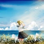  arm_up black_eyes black_hair blurry cloud day depth_of_field from_behind grass horizon kazuharu_kina looking_at_viewer looking_back neckerchief ocean original outdoors plant sailor_collar_lift school_uniform serafuku short_hair short_sleeves signature sky smile solo uniform wind 