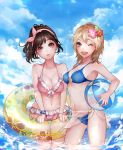  ;d allison_(summer_lesson) antweiyi ball beachball bikini blue_bikini blue_sky brown_eyes cloud day floral_print flower frilled_bikini frills hair_flower hair_ornament hairband holding_beachball innertube medium_hair miyamoto_hikari multiple_girls navel one_eye_closed open_mouth outdoors pink_bikini pink_hairband pursed_lips see-through sky smile standing summer_lesson swimsuit wading water wet 