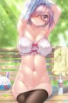  armpits arms_behind_head arms_up bad_proportions bare_shoulders bench blush bottle bottomless bow bow_bra bra breasts cleavage closed_mouth collarbone commentary_request crotch_seam fate/grand_order fate_(series) glasses hair_over_one_eye hamadamiku01 highres hips jacket jacket_removed large_breasts lavender_hair leaf lens_flare light_particles looking_at_viewer mash_kyrielight navel no_panties pantyhose pantyhose_pull purple_eyes shirt_lift short_hair sitting solo stomach sunlight sweater underwear wakamezake white_bra yellow_jacket 
