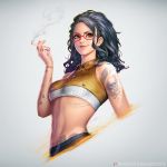  artist_name bare_shoulders black_hair breasts brown_eyes cigarette closed_mouth commentary crop_top cropped_torso devil_may_cry devil_may_cry_5 english_commentary forehead freckles glasses gradient gradient_background grey_background hairband holding holding_cigarette lips long_hair looking_at_viewer multicolored multicolored_nails nail_polish nico_(devil_may_cry) nudtawut_thongmai patreon_logo pink_lips red-framed_eyewear shoulder_tattoo skull_tattoo small_breasts smile smoke solo stomach tattoo toned underboob upper_body watermark web_address wing_collar 