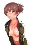  alisa_(girls_und_panzer) areola_slip areolae bangs breasts brown_eyes brown_hair brown_jacket collarbone dirty freckles girls_und_panzer hair_ornament jack_hamster jacket leaning_forward navel open_clothes open_jacket pasties saunders_military_uniform school_uniform short_hair short_twintails simple_background small_breasts smile solo star star_hair_ornament star_pasties sweat twintails very_short_hair white_background 