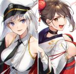  :d azur_lane bangs bare_shoulders black_coat black_neckwear breasts brown_eyes brown_hair choker collar collarbone collared_shirt commentary_request dress enterprise_(azur_lane) eyebrows_visible_through_hair hair_ornament hair_up hat jacket large_breasts looking_at_viewer looking_back military military_hat necktie open_mouth peaked_cap purple_eyes red_dress shirt sideboob silver_hair sleeveless sleeveless_shirt smile strapless strapless_dress tokki underbust white_hat white_jacket zuikaku_(azur_lane) 