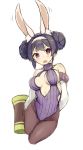  animal_ear_fluff animal_ears azur_lane bangs bare_shoulders breasts breasts_apart brown_legwear bunny_ears center_opening collarbone double_bun eyebrows_visible_through_hair fur-trimmed_jacket fur_trim goekawa groin hairband hammer head_tilt jacket kemonomimi_mode large_breasts leotard looking_at_viewer ning_hai_(azur_lane) off_shoulder open_mouth pantyhose purple_eyes purple_hair purple_leotard side_bun sidelocks simple_background solo v-shaped_eyebrows white_background white_hairband white_jacket 