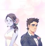  1girl black_hair blue_eyes boxing_gloves dress formal grey_eyes little_mac long_hair pockypalooza ponytail punch-out!! smile suit super_smash_bros. super_smash_bros._ultimate wedding_dress white_skin wii_fit wii_fit_trainer 