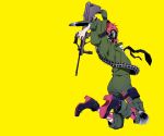  animal_hood ankle_boots arms_up assault_rifle asymmetrical_clothes bandaid bandolier belga_(senjuushi) boots bullpup bunny_hood full_body gas_mask gun high_heel_boots high_heels holding holding_gun holding_weapon hood hood_up jewelry jumping jumpsuit male_focus necktie pika_(tako) pink_hair rifle ring senjuushi:_the_thousand_noble_musketeers short_hair solo spiked_boots steyr_aug weapon 
