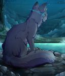  2015 ambiguous_gender black_fur black_nose blue_eyes cat detailed_background digital_media_(artwork) feline feral fur mammal maplespyder night outside solo water 