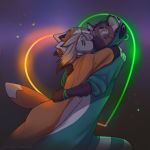  2018 anthro black_nose brown_fur canine clothed clothing digital_media_(artwork) dog duo eyes_closed female fur hyena kissing koul love male mammal romantic_couple 
