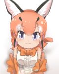  :3 bare_shoulders belt blue_eyes blush bow bowtie caracal_(kemono_friends) caracal_ears caracal_tail center_frills commentary_request elbow_gloves eyebrows_visible_through_hair from_above gloves high-waist_skirt kemono_friends light_brown_hair long_hair multicolored_hair skirt sleeveless solo tatsuno_newo 