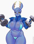  anthro arthropod beetle big_breasts bikini blush breasts camel_toe cleavage clothed clothing digital_drawing_(artwork) digital_media_(artwork) dumbbell exercise female hi_res huge_breasts insect liveforthefunk looking_at_viewer mandibles navel non-mammal_breasts simple_background skimpy solo standing sweat swimsuit thick_thighs voluptuous weightlifting weights white_background wide_hips workout yellow_eyes 