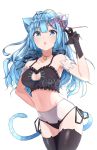  absurdres alternate_costume alternate_hair_length alternate_hairstyle animal_ears armpit_peek artist_name bad_id bad_pixiv_id bangs bare_shoulders black_bra black_gloves black_legwear black_panties blue_eyes blue_hair blush bra breasts cat_cutout cat_ears cat_lingerie cat_tail claw_pose cleavage_cutout collarbone cowboy_shot eyebrows_visible_through_hair frilled_bra frills gloves groin hair_ornament hand_up highres large_breasts long_hair looking_at_viewer medium_breasts meme_attire navel panties parted_lips rachel_bouvier re:zero_kara_hajimeru_isekai_seikatsu rem_(re:zero) side-tie_panties simple_background solo tail teeth thighhighs underwear watermark white_background x_hair_ornament 