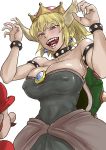  1girl bare_shoulders blonde_hair blush borrowed_design bowsette breasts brooch choker cleavage collar commentary_request covered_nipples earrings gem highres horns jewelry long_hair mario mario_(series) new_super_mario_bros._u_deluxe omote_uraura sharp_teeth shell spiked_collar spikes super_crown super_mario_bros. teeth 