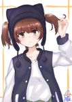  absurdres alisa_(girls_und_panzer) animal_hat artist_name bangs black_hat black_jacket blush brown_eyes brown_hair casual cat_hat closed_mouth cmpede commentary eyebrows_visible_through_hair freckles frown girls_und_panzer hair_grab hat head_tilt highres jacket letterman_jacket long_sleeves looking_at_viewer open_clothes open_jacket shirt short_hair short_twintails solo standing twintails twitter_username upper_body white_shirt 