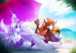  2018 amazing_background anthro beach bikini breasts canine clothed clothing detailed_background digital_media_(artwork) duo female fox fur malakhael mammal midriff multi_tail navel orange_fur purple_eyes red_panda seaside shore swimsuit water 