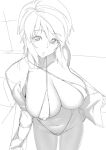  breasts cleavage commentary_request greyscale gundam gundam_seed gundam_seed_destiny hakai_shin large_breasts looking_at_viewer lunamaria_hawke monochrome short_hair sketch slingshot_swimsuit swimsuit 