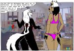  2017 anthro bikini black_fur black_hair blush bottomless bovine brown_fur cattle clothed clothing dialogue duo ear_piercing english_text fur hair horn kelly_o&#039;dor mammal marmelmm mephitid piercing rear_view skunk springfield_(tegerio) swimsuit tegerio text white_fur white_hair zandar&#039;s_saga 