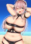  armpits arms_up beach belly blue_sky blush breasts cleavage cosplay day deep_skin fat_folds headphones highres horizon hot_limit kitajima_yuuki large_breasts long_hair looking_at_viewer navel nitroplus ocean one_eye_closed open_mouth outdoors pink_eyes pink_hair revealing_clothes skindentation sky smile solo super_sonico t.m.revolution underboob 