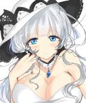  azur_lane bangs bare_shoulders black_ribbon blue_eyes blush breasts cleavage commentary_request dress eyebrows_visible_through_hair hair_ribbon hand_up haru_(nature_life) hat illustrious_(azur_lane) large_breasts long_hair looking_at_viewer mole mole_under_eye parted_lips ribbon silver_hair simple_background sketch solo strapless strapless_dress white_background white_dress white_hat 