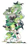  absurdres anemos_(elsword) arm_support armpit_peek back bangs bare_shoulders bow_(weapon) bracelet breasts chuki_(lydia) combat_ranger_(elsword) detached_sleeves dress elf elsword flower frown green_dress green_eyes green_hair green_shirt green_sleeves hair_between_eyes hair_flower hair_ornament halterneck hand_on_own_arm high_ponytail highres jewelry long_hair looking_at_viewer multiple_girls multiple_persona one_eye_closed parted_lips pleated_skirt pointy_ears ponytail profile puffy_short_sleeves puffy_sleeves rena_(elsword) shirt short_sleeves side_ponytail sidelocks simple_background sitting skirt sleeveless sleeveless_turtleneck smile strapless strapless_dress tattoo thighhighs turtleneck very_long_hair wariza weapon white_background white_legwear white_skirt wide_sleeves wind_sneaker_(elsword) wrist_cuffs zettai_ryouiki 