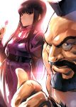  1girl backlighting beard belt black_eyes black_hair candy chest_hair commentary_request dress facial_hair food high_score_girl highres hime_cut iku_(ikuchan_kaoru) lens_flare light_particles lollipop long_hair looking_at_viewer mohawk oono_akira pointing street_fighter zangief 