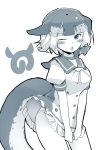  ;o absurdres ascot blush bow dress dress_tug eyebrows_visible_through_hair frilled_dress frills greyscale hair_bow hair_ribbon highres japari_symbol kanzakietc kemono_friends looking_at_viewer monochrome multicolored_hair narwhal_(kemono_friends) narwhal_tail one_eye_closed panties panty_peek puffy_short_sleeves puffy_sleeves ribbon sailor_dress short_dress short_sleeves simple_background solo tress_ribbon underwear v-shaped_eyebrows white_background 