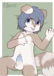  anthro balls blue_eyes blue_hair blue_nose blue_penis blue_tongue canine clothing cub cynxie_(artist) dog erection foreskin hair hi_res humanoid_penis lying male mammal navel nude on_back penis solo uncut young 