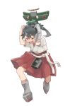  black_hair covering_head high_ponytail houshou_(kantai_collection) japanese_clothes kantai_collection kneehighs matsutani open_mouth sash simple_background solo standing white_background white_legwear younger 