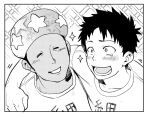  arm_around_shoulder blush closed_eyes common_cell_(hataraku_saibou) dark_skin dark_skinned_male greyscale hataraku_saibou male_focus monochrome multiple_boys rhinovirus_(hataraku_saibou) saitoukuniko-3 screentones shirt smile sparkle star star_print t-shirt upper_body 