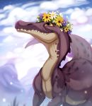  2018 day detailed_background digital_media_(artwork) dinosaur feral flower orange_eyes outside plant sky smile solo standing zazush-una 