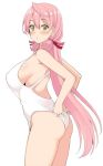  adjusting_clothes adjusting_swimsuit akashi_(kantai_collection) ass breasts casual_one-piece_swimsuit cowboy_shot green_eyes hair_ribbon kantai_collection kusano_(torisukerabasu) large_breasts long_hair looking_at_viewer one-piece_swimsuit pink_hair ribbon sideboob simple_background solo standing swimsuit tress_ribbon very_long_hair white_background white_swimsuit 