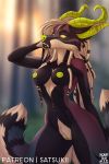  2018 anthro blurred_background breasts canine curved_horn detailed_background digital_media_(artwork) dragon female fox green_horn green_nose hair horn hybrid long_hair mammal navel nipples nude piercing pussy satsukii solo yellow_eyes 