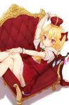  alternate_headwear arm_up ascot bangs blonde_hair blush bow brooch cape commentary_request couch crown crystal eyebrows_visible_through_hair feet_out_of_frame flandre_scarlet frilled_ascot frills from_above fur_trim hair_between_eyes hair_bow hat honotai jewelry looking_at_viewer lying miniskirt on_back one_side_up petticoat pointy_ears puffy_short_sleeves puffy_sleeves red_bow red_cape red_eyes red_hat red_skirt red_vest shadow shirt short_hair short_sleeves simple_background skirt skirt_set smile solo thighs touhou vest white_background white_shirt wings wrist_cuffs yellow_neckwear 