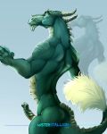  2018 anthro blue_eyes dragon eastern_dragon erection fur furry_tail horn hybrid invalid_color invalid_tag misterstallion muscular nude penis pinup plates pose raised_tail scales scalie spikes thoughtful western_dragon 