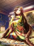  architecture bangs bird blanket brown_hair doll east_asian_architecture floral_print full_body gold_trim green_eyes hair_ornament holding holding_doll indoors japanese_clothes kimono kokorin long_hair official_art parted_bangs sengoku_taisen sitting solo sunset very_long_hair watermark wide_sleeves 