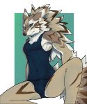  anthro black_nose brown_fur bulge canine clothing fur green_sclera huka male mammal seth_(tas) simple_background solo spread_legs spreading swimsuit tokyo_afterschool_summoners 