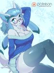  2018 5_fingers absolute_territory anthro blue_eyes blue_hair blue_lipstick blue_nose breasts chest_tuft cleavage clothed clothing digital_media_(artwork) eeveelution eyelashes eyewear female glaceon glasses hair hi_res larkdraws legwear lipstick looking_at_viewer makeup nintendo off_shoulder patreon pok&eacute;mon pok&eacute;mon_(species) pok&eacute;morph sitting skirt smile solo sweater thigh_highs tuft url video_games 