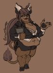  2018 anthro belly big_belly big_breasts bovine breasts brown_hair canine cattle clothed clothing eyewear female fur glasses hair horn hybrid mammal open_mouth overweight pudgeparfait suit swan_lovejoy torn_clothing weight_gain wolf 
