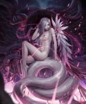  armlet blurry blurry_background breasts closed_mouth cthulhu_mythos flower green_eyes hair_flower hair_ornament hair_over_one_eye hand_in_hair highres lips long_hair looking_at_viewer nipples nude original pale_skin sarena signature silver_hair small_breasts solo tattoo tentacles 