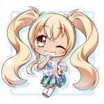  bangs blonde_hair blue_bow blue_skirt blush bow brown_footwear cardigan cardigan_around_waist chibi clothes_around_waist collarbone collared_shirt commentary_request eyebrows_visible_through_hair full_body green_cardigan grin gyaru hair_between_eyes hand_to_own_mouth hand_up head_tilt kneehighs kogal long_hair long_sleeves one_eye_closed plaid plaid_skirt pleated_skirt shachoo. shadow shirt sidelocks skirt smile solo sunohara_nana sunoharasou_no_kanrinin-san tan twintails very_long_hair white_background white_legwear white_shirt 