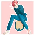  396_pkg blue_pants druddigon gloves hands_on_own_cheeks hands_on_own_face heart invisible_chair looking_at_viewer male_focus pants personification pink_background pink_hair pokemon simple_background sitting solo white_footwear white_gloves 