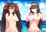  alternate_costume arm_across_chest arm_behind_back bangs beach bikini bikini_tug black_hair blue_sky blush breast_lift breasts brown_eyes brown_hair cleavage closed_mouth cloud collarbone commentary_request dated day eyebrows_visible_through_hair flower girls_frontline gmkj groin hair_between_eyes hair_flower hair_ornament hair_ribbon hairband highres large_breasts long_hair looking_at_viewer multiple_girls navel nude ocean outdoors qbz-95_(girls_frontline) qbz-97_(girls_frontline) red_ribbon ribbon sidelocks signature skindentation sky smile stomach swimsuit twintails very_long_hair white_bikini white_hairband yellow_eyes 