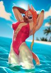  anthro breasts camel_toe clothing equine eyewear female hands_behind_head horse kyabetsu looking_at_viewer mammal nipple_bulge outside solo standing sunglasses swimsuit wet_clothing 