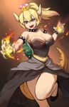  :d bare_shoulders blonde_hair blue_eyes bowsette bracelet breasts brooch burning_hand claws collar commentary crown english_commentary eyebrows_visible_through_hair eyes_visible_through_hair fangs hair_between_eyes horns jewelry large_breasts long_hair mario_(series) maritan_(pixelmaritan) monster_girl new_super_mario_bros._u_deluxe open_mouth ponytail smile solo spiked_armlet spiked_bracelet spiked_collar spiked_tail spikes super_crown tail teeth turtle_shell v-shaped_eyebrows 