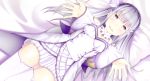  bed begging dress emilia_(re:zero) hair_ornament hairpin highres lying open_hand pillow purple_eyes re:zero_kara_hajimeru_isekai_seikatsu silver_hair thighs youngdeer 