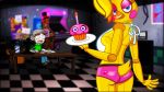  5_fingers avian beak breasts butt clothing cupcake detailed_background eyelashes female five_nights_at_freddy&#039;s five_nights_at_freddy&#039;s_2 food hair jacksepticeye looking_at_viewer machine open_mouth robot side_boob toy_chica_(fnaf) video_games 