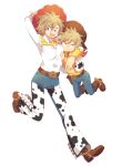  1boy 1girl :o animal_print arm_up bakugou_katsuki bakugou_mitsuki belt belt_buckle blonde_hair brown_eyes brown_footwear brown_hat buckle cosplay cow_print cowboy_hat denim frown hat highres holding jeans jessie_the_yodeling_cowgirl jessie_the_yodeling_cowgirl_(cosplay) looking_at_viewer mother_and_son pants sheriff_woody sheriff_woody_(cosplay) simple_background spiked_hair spurs toy_story uppi vest white_background younger 
