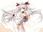  ;) artist_name azur_lane bandaid bare_shoulders belt black_panties choker commentary english_commentary eyebrows_visible_through_hair eyes_visible_through_hair garter_straps hair_between_eyes hair_ribbon hat heart jacket leaning_forward long_hair looking_at_viewer metal_wings no_pants nurse_cap one_eye_closed panties red_eyes red_ribbon ribbon simple_background sleeveless smile solo syringe terupancake thighhighs torpedo twintails twitter_username underwear vampire_(azur_lane) very_long_hair white_background white_jacket white_legwear wristband 