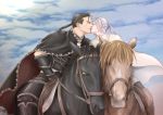  armor arslan arslan_senki black_cape black_gloves black_hair blue_sky cape closed_eyes commentary_request daryoon dated day elbow_gloves gloves heart highres horse horseback_riding kiss male_focus multiple_boys ponytail reins riding risuusagi2 saddle sky white_cape white_hair yaoi yellow_eyes 