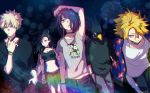  3boys alternate_costume animal_head bakugou_katsuki bird black_choker black_hair blonde_hair blue_eyes boku_no_hero_academia bracelet casual choker chromatic_aberration commentary_request dutch_angle earplugs fashion hair_over_one_eye hoshimori jewelry jirou_kyouka kaminari_denki light_particles long_hair long_sleeves midriff multiple_boys multiple_girls navel night night_sky outdoors partial_commentary purple_eyes red_eyes short_hair short_sleeves sky spiked_hair tokoyami_fumikage yaoyorozu_momo yellow_eyes 